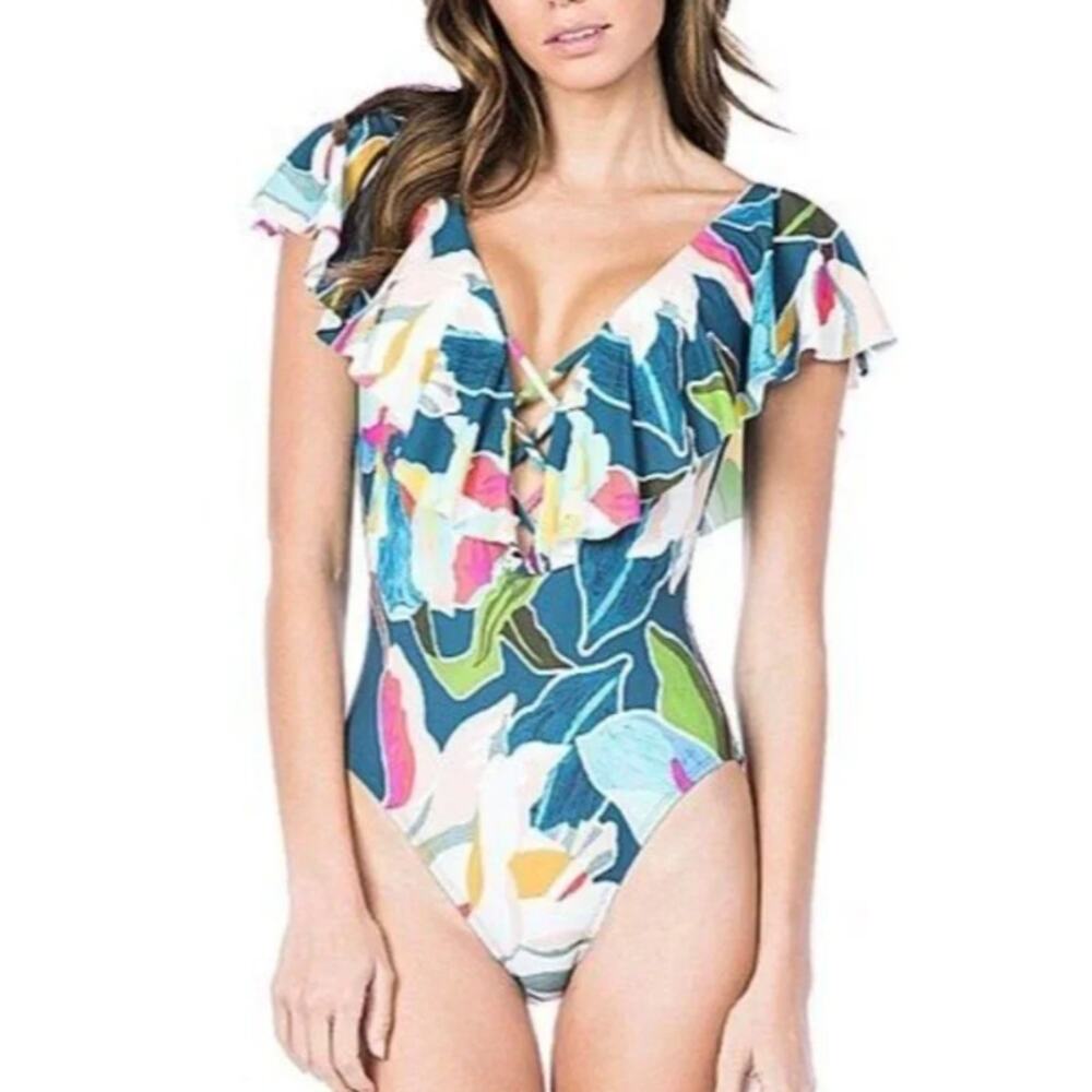 La Blanca Marina Floral Swimsuit Crisscross Front Ruffle Details Size 8 Beach
